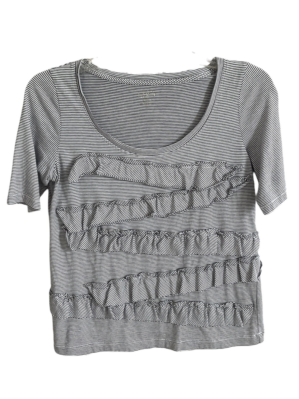 Ann Taylor Loft Petites Striped Ruffle Front Short Sleeve Scoop Neck Top Blouse